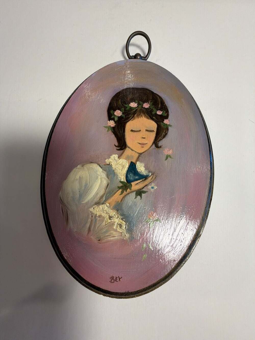 Vintage Hand-Painted MCM Oval Wall Artā Portrait by Artist